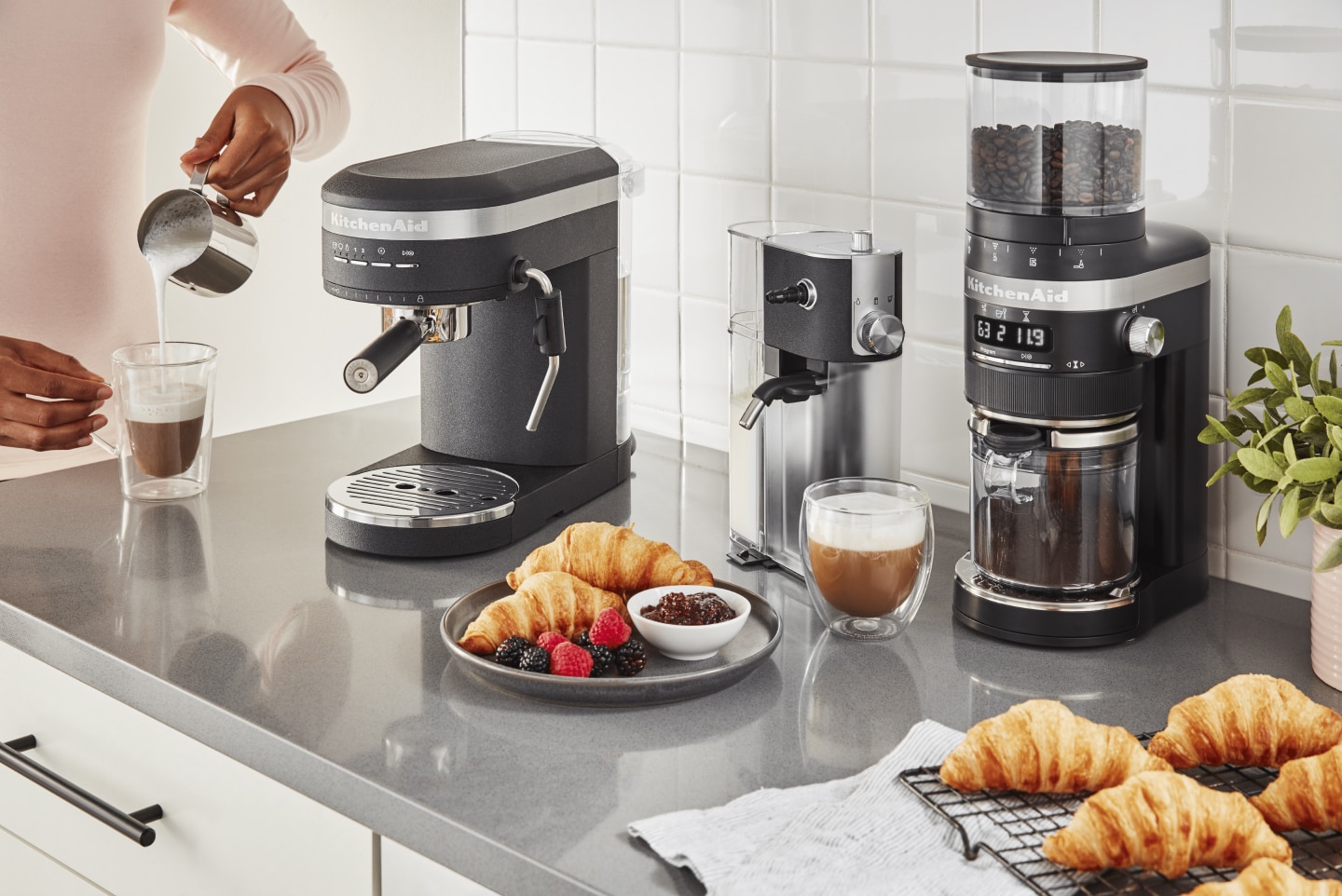 Coffee station with a KitchenAid® Espresso Maker, Milk Frother Attachment and Burr Grinder Coffee station with a KitchenAid® Espresso Maker, Milk Frother Attachment and Burr Grinder